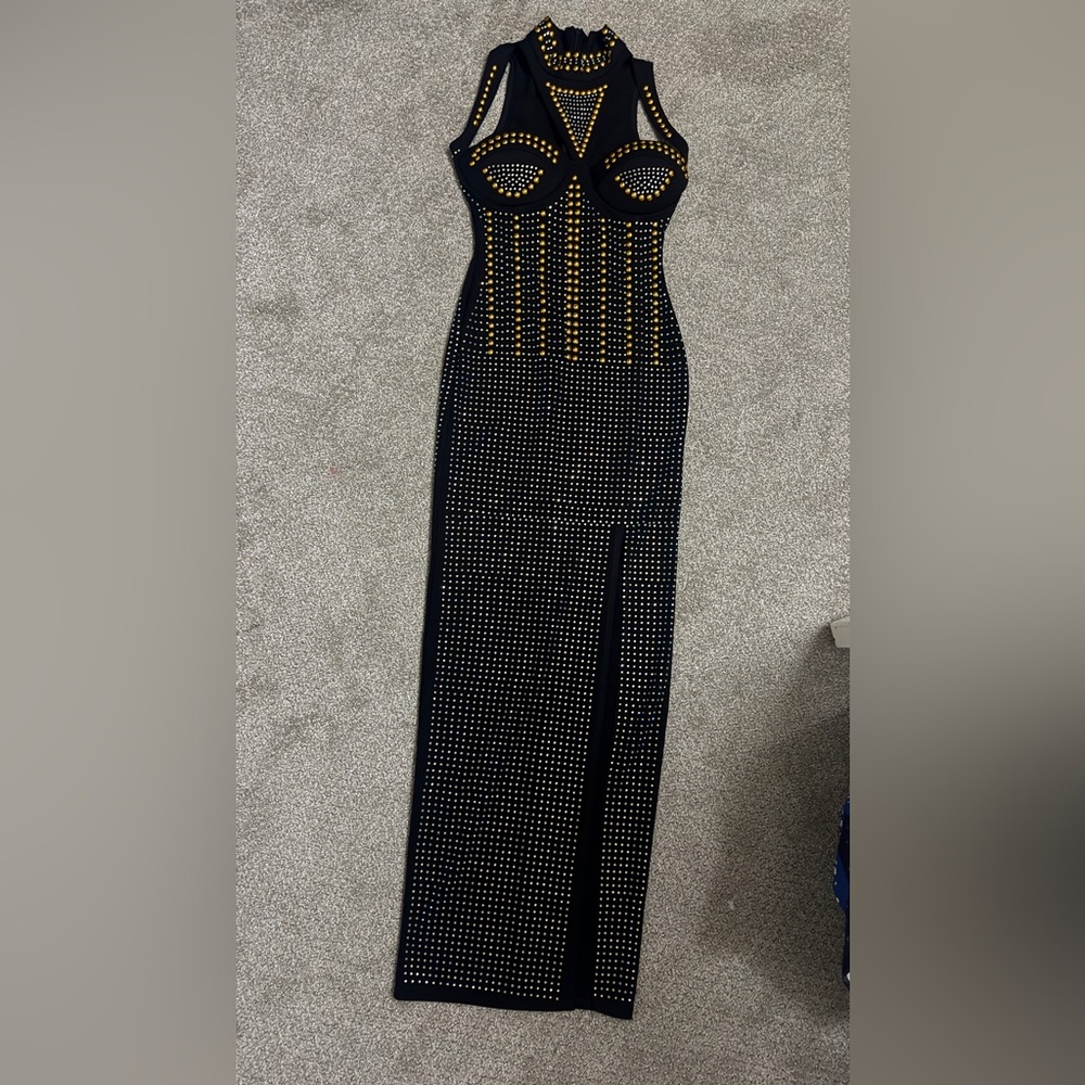 Black Maxi Dress with Gold Stud Detailing